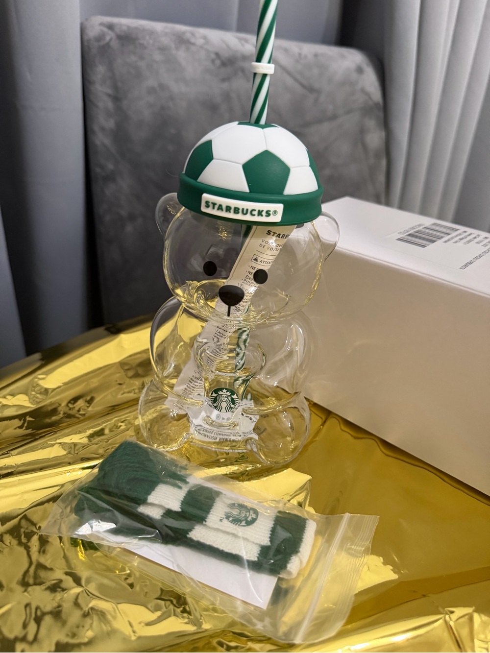 Starbucks Clear Bear Cup with Green & White Soccer Hat